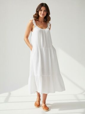 Xirena Rummer Cotton Gauze Tiered Midi Dress White Flowy Boho Resort S